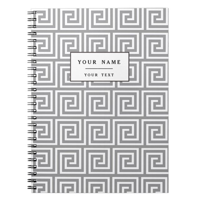 Caderno Espiral Teste padrão chave grego cinzento e branco (Frente)
