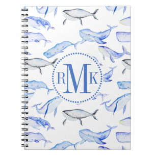 Caderno Espiral Teste padrão da baleia azul da aguarela