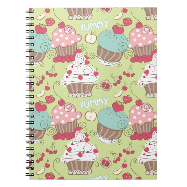 Caderno Espiral Teste padrão do cupcake (Frente)