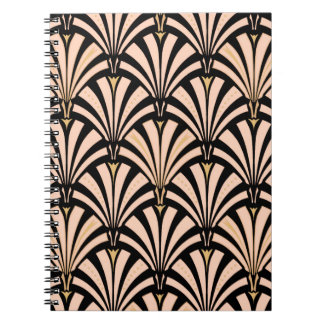 Caderno Espiral Teste padrão do fã do art deco - pêssego no preto