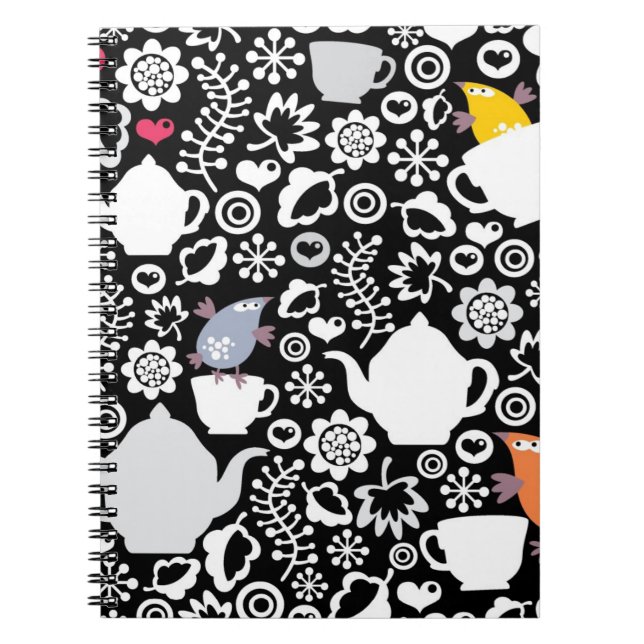 Caderno Espiral Teste padrão dos pássaros e dos copos (Frente)