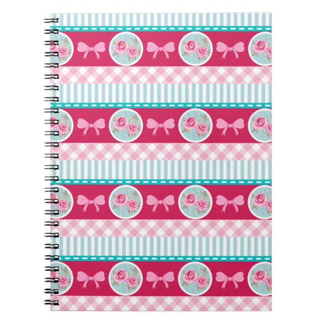 Caderno Espiral Teste padrão feminino cor-de-rosa & azul da luz (Frente)