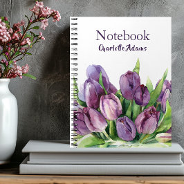 Caderno Espiral Teste padrão floral da aguarela das tulipas roxas