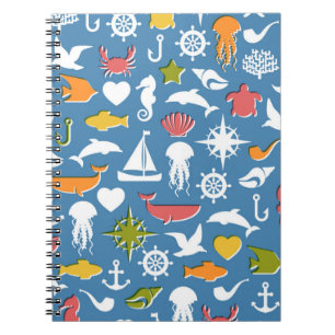 Caderno Espiral Teste padrão marinho dos símbolos