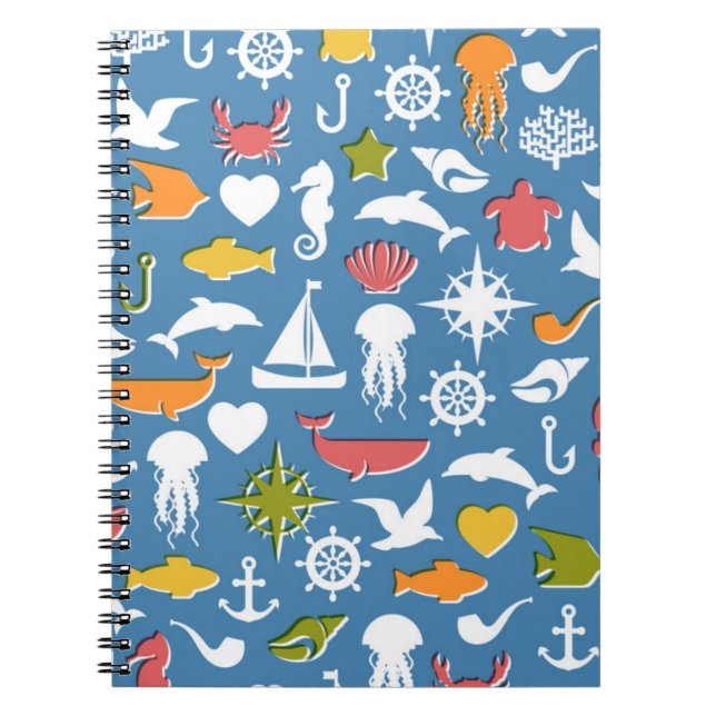 Caderno Espiral Teste padrão marinho dos símbolos (Frente)