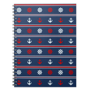 Caderno Espiral Teste padrão náutico branco e azul vermelho