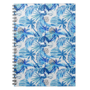 Caderno Espiral Teste padrão tropical azul brilhante da aguarela