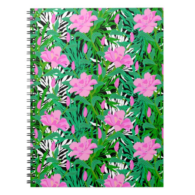 Caderno Espiral Teste padrão tropical com flores da selva (Frente)