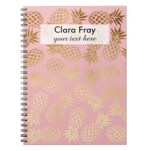 Caderno Espiral teste padrão tropical do abacaxi do ouro elegante