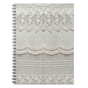 Caderno Espiral Têxteis brancos lacados lindos, sutis se fecham. 