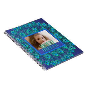 Caderno Espiral Texto e Foto Personalizadas do Pavão Teal e Azul