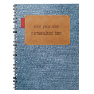 Caderno Espiral Textura de jeans com etiqueta de couro personalizá