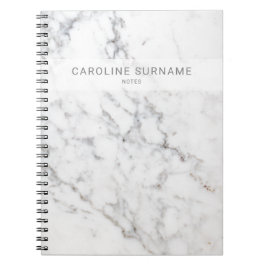 Caderno Espiral Textura de mármore branco falso e texto personaliz