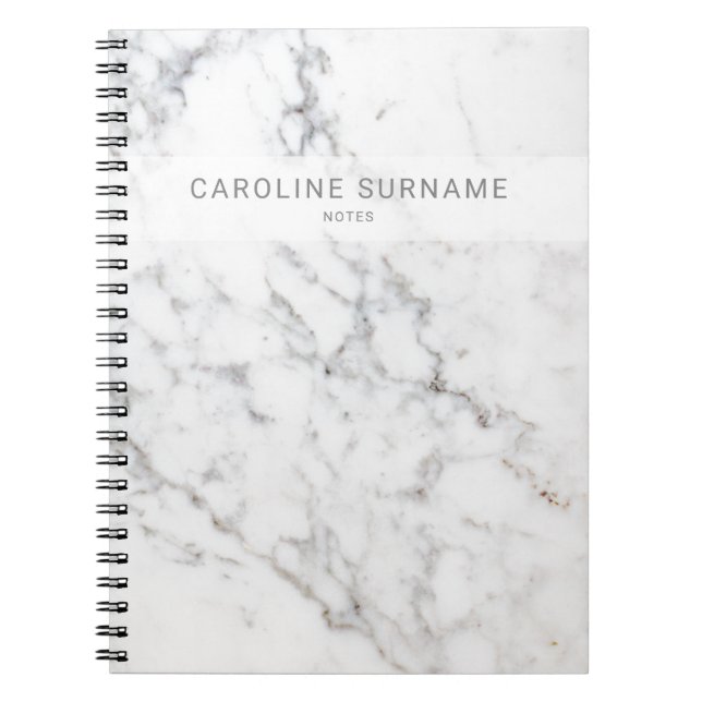 Caderno Espiral Textura de mármore branco falso e texto personaliz (Frente)