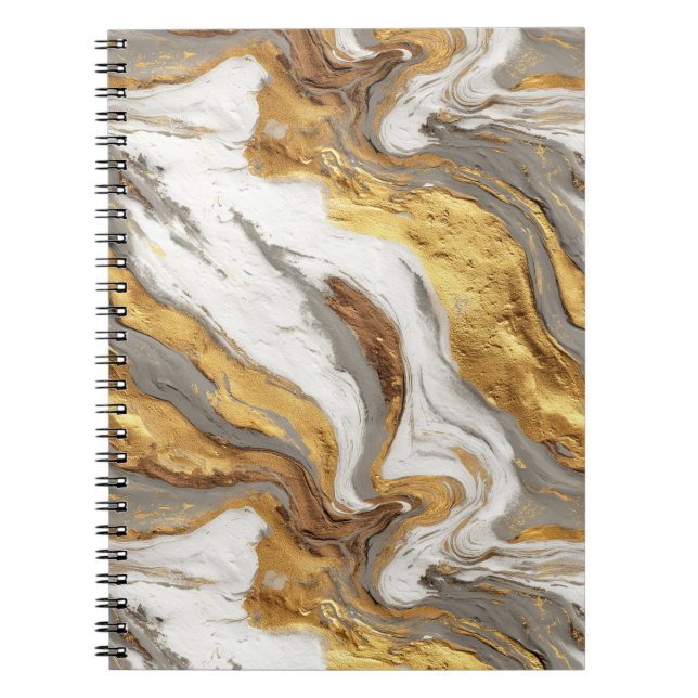 Caderno Espiral Textura de Mármore Cinza Abstrato com Ouro Fluido (Frente)