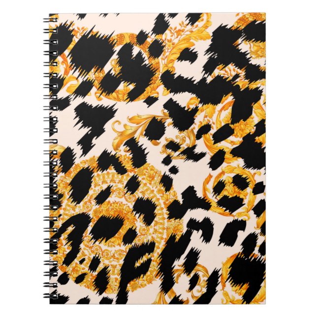 Caderno Espiral Textura leopardo com padrão barroco-ouro (Frente)