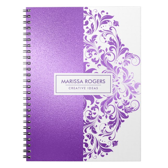 Caderno Espiral Textura Roxa Moderna & Redemoinhos em Branco (Frente)