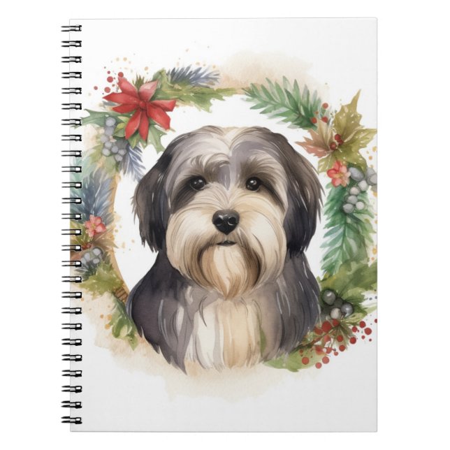 Caderno Espiral Tibetano Terrier Christmas Wreath Festivo Pup (Frente)