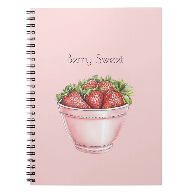 Caderno Espiral Tigela de Morangos Rosa Blush Doce de Frutas (Frente)