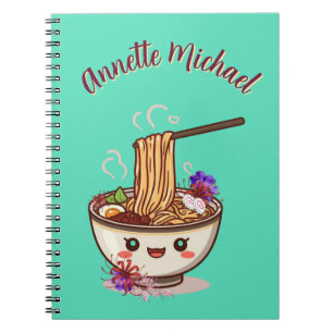 Caderno Espiral Tigela de Ramen Verde Menta Chibi Cartoon Flora Ja