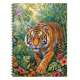 Caderno Espiral Tigre de Bengala Vibrante Selva de Bambu