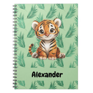 Caderno Espiral Tigre de desenho animado em folhas tropicais