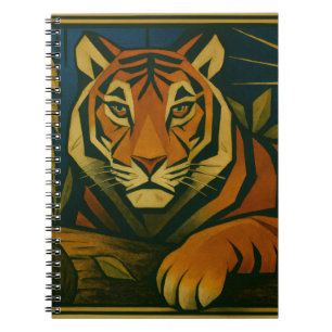 Caderno Espiral Tigre Estilizado na Moldura Ornamental Sunburst