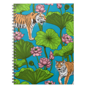 Caderno Espiral Tigres no lago de lótus rosa