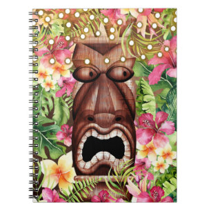 Caderno Espiral Tiki Hawaiano de Madeira Festa de Verão Floral da