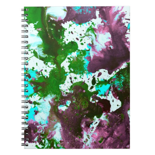 Caderno Espiral Tinta Abstrato colorida, verde e roxo, (Frente)