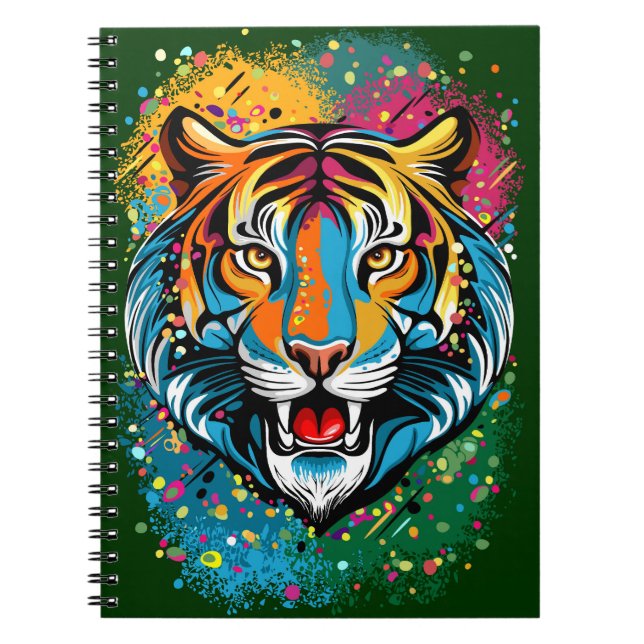 Caderno Espiral Tinta de cores Arco-íris Cabeça de Tigre (Frente)