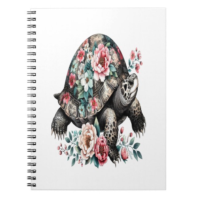 Caderno Espiral Tinta e Lave Tartaruga com Shell Floral. (Frente)