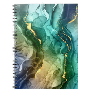 Caderno Espiral Tinta Líquida Dourada, Azul-Verde e Cinza Escuro