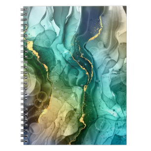 Caderno Espiral Tinta Líquida Dourada, Turquesa e Cinza Escuro
