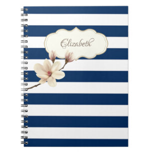 Caderno Espiral Tiras azuis-marinho adoráveis, Magnólia, Personali