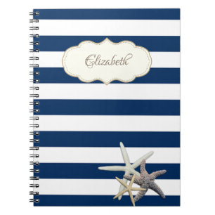 Caderno Espiral Tiras azuis navy adoráveis,Estrela do mar,Personal