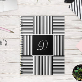 Caderno Espiral Tiras modernas em preto, branco e cinza - Monogram