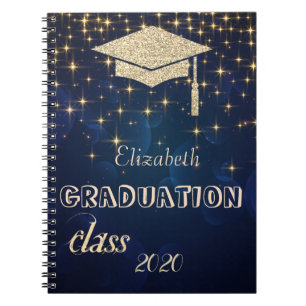 Caderno Espiral Toca de Formatura com Brilho Dourado, Estrelas Tur