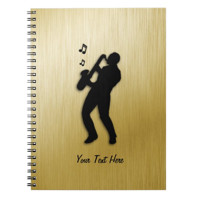 Caderno Espiral Toca Saxofone Dourado com Nome (Frente)