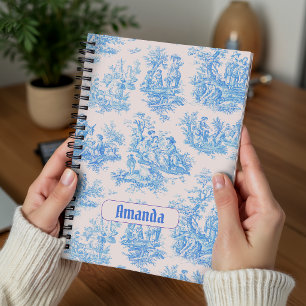 Caderno Espiral Toile de Jouy monograma floral azul vintage em tur