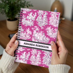 Caderno Espiral Toile de jouy monograma floral rosa magenta vintag