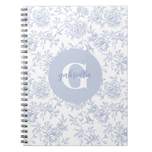 Caderno Espiral Toile Floral Botânico Vintage Monograma Azul Branc