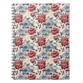 Caderno Espiral Toile francesa & Toile de Jouy. Rosas azuis e verm