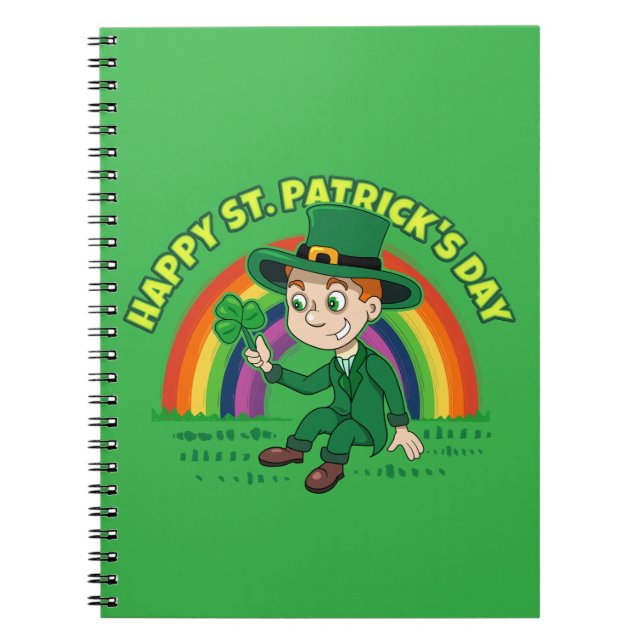 Caderno Espiral Toon leprechaun bonito com shamrock e arco-íris (Frente)