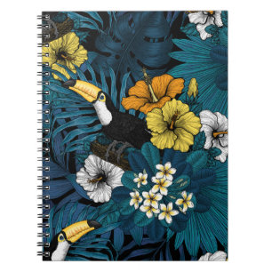 Caderno Espiral Toques e flora tropical, azul, amarelo, laranja