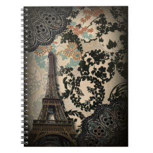 Caderno Espiral torre de eiffel floral preto boêmio paris paris ei