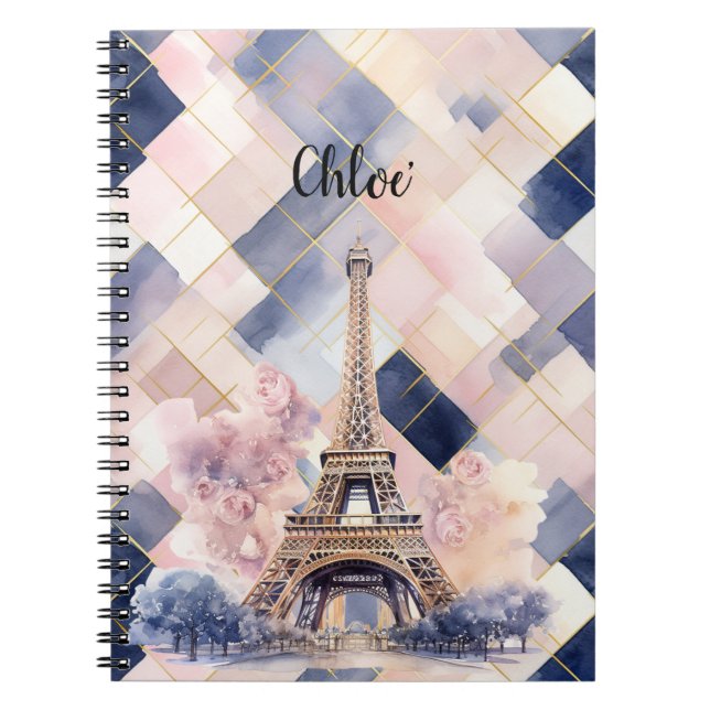 Caderno Espiral Torre Eiffel Azul Rosa Chic Francesa (Frente)