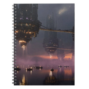 Caderno Espiral Torres futurísticas flutuando acima do porto