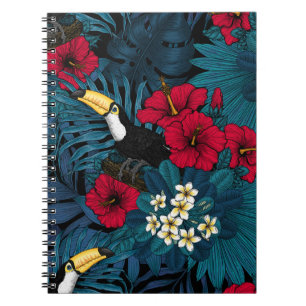 Caderno Espiral Toucans e flora tropical, verdes e vermelhas