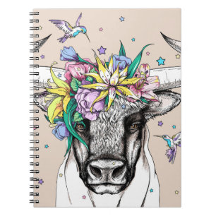 Caderno Espiral Touro de desenho em uma coroa floral. Porta brilha